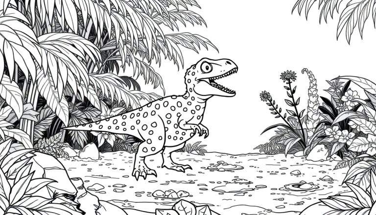 Zwart-wit tekening van een baby velociraptor die uit een ei klimt in een jungle met grote bladeren en bloemen.