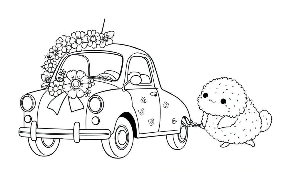 Kleurplaat van een klassieke auto versierd met bloemen en een strik, getrokken door een schattig pluizig wezentje met een kettinkje.