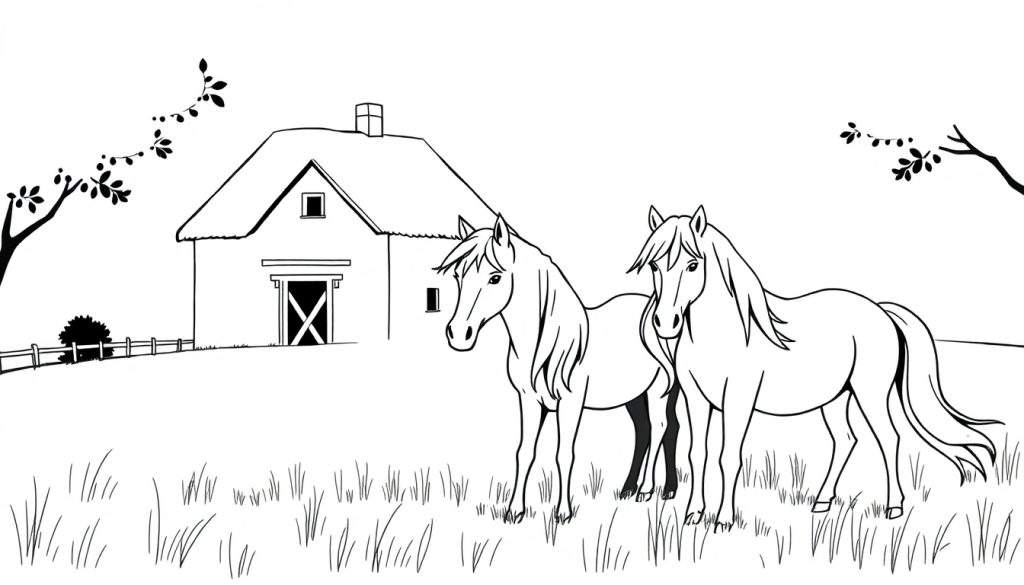 Zwart-wit kleurplaat van een boerderij met rieten dak, schuifdeur, twee paarden in het gras, bomen en een hek.