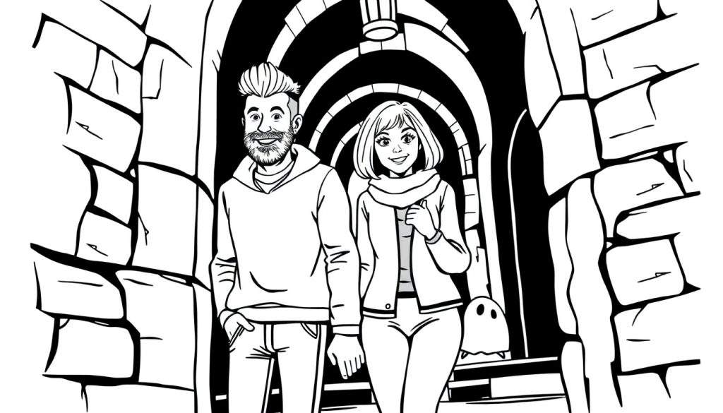 Kleurplaat van een jonge man met baard en kuif en een jonge vrouw met boblijn die door een oude booggang lopen, met een spookachtige schaduw op de achtergrond.