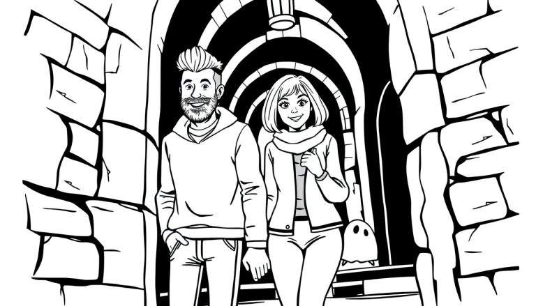 Kleurplaat van een jonge man met baard en kuif en een jonge vrouw met boblijn die door een oude booggang lopen, met een spookachtige schaduw op de achtergrond.