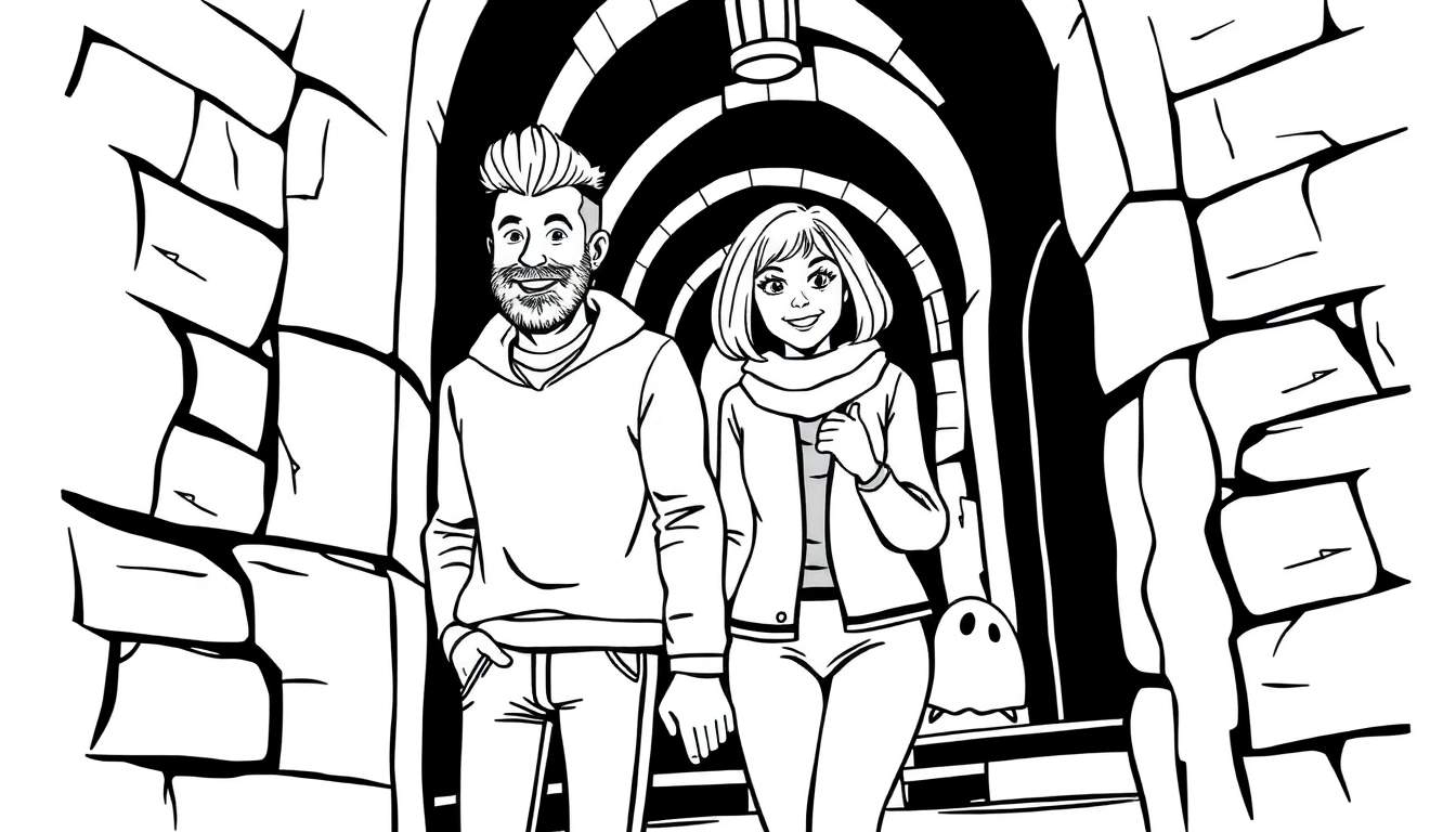 Kleurplaat van een jonge man met baard en kuif en een jonge vrouw met boblijn die door een oude booggang lopen, met een spookachtige schaduw op de achtergrond.