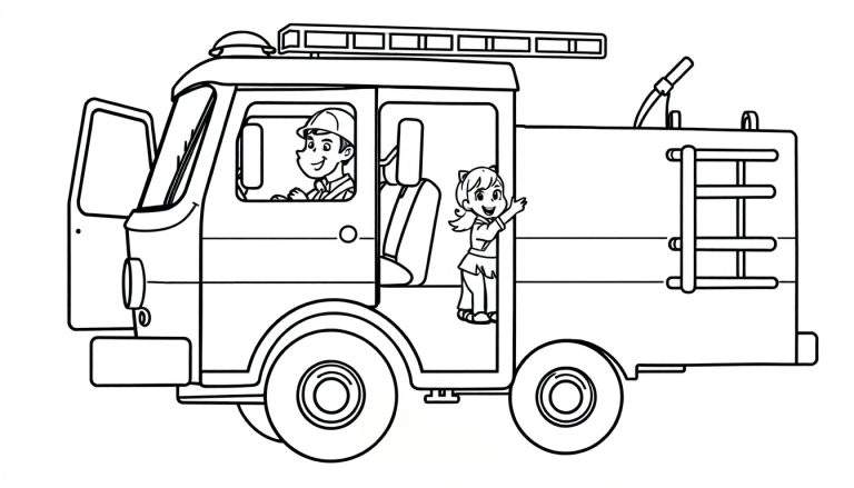 Kleurplaat van een brandweerwagen met op de bestuurdersplaats een jongen met helm en in de deuropening een zwaaiend meisje met een staartje. Een brandweerwagen met ladder en sirene.