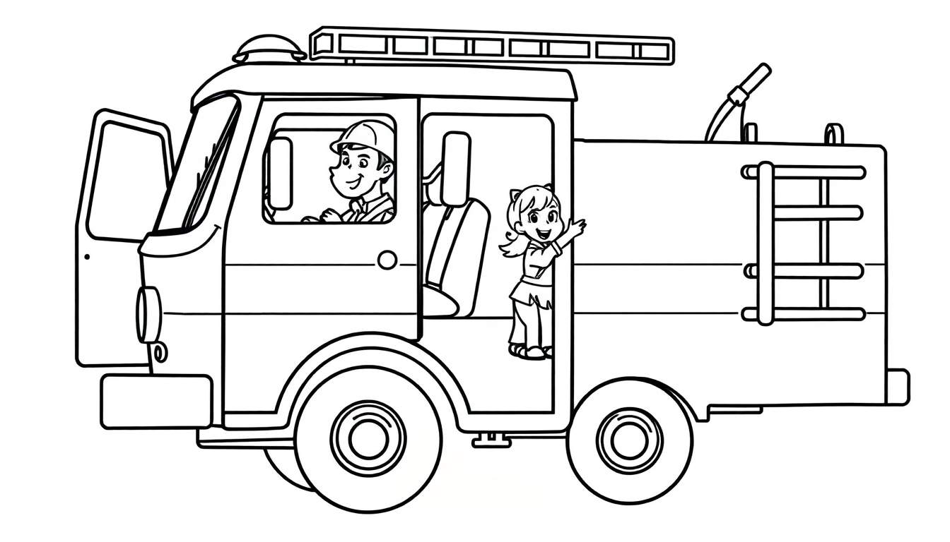 Kleurplaat van een brandweerwagen met op de bestuurdersplaats een jongen met helm en in de deuropening een zwaaiend meisje met een staartje. Een brandweerwagen met ladder en sirene.