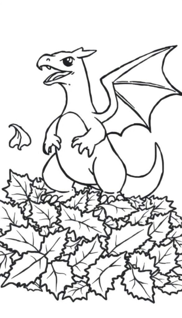 Kleurplaat van een schattige Charizard draak met grote ogen en vleugels, zittend op een hoop scherp getande herfstbladeren.