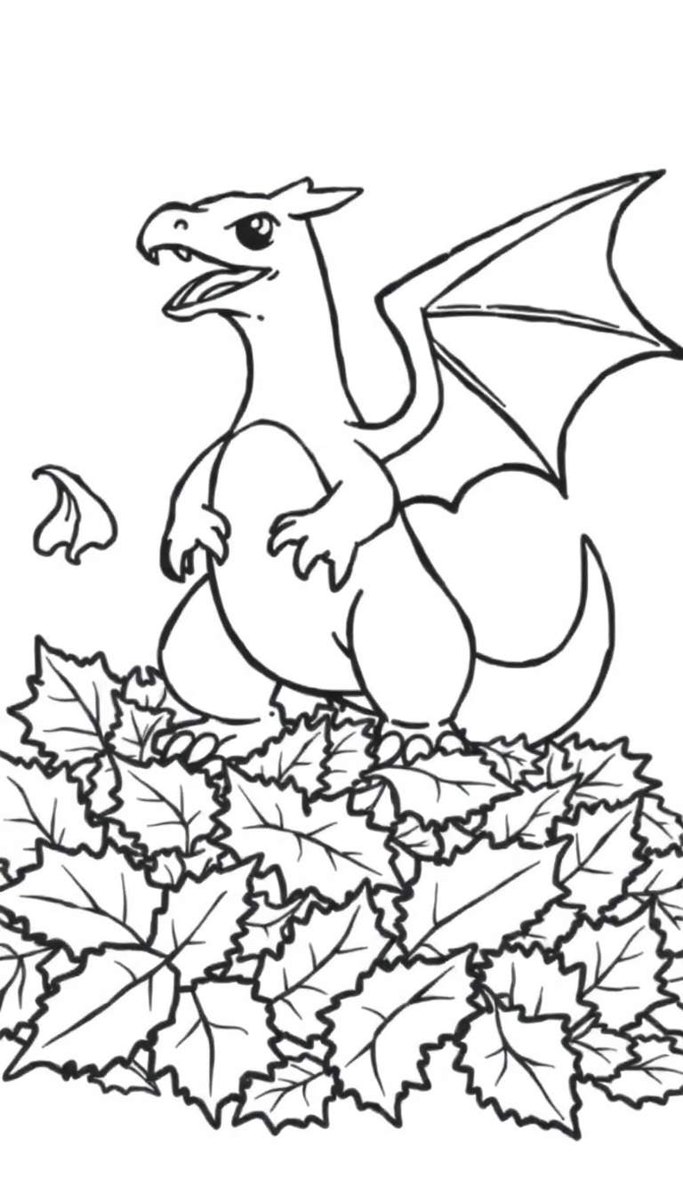 Kleurplaat van een schattige Charizard draak met grote ogen en vleugels, zittend op een hoop scherp getande herfstbladeren.