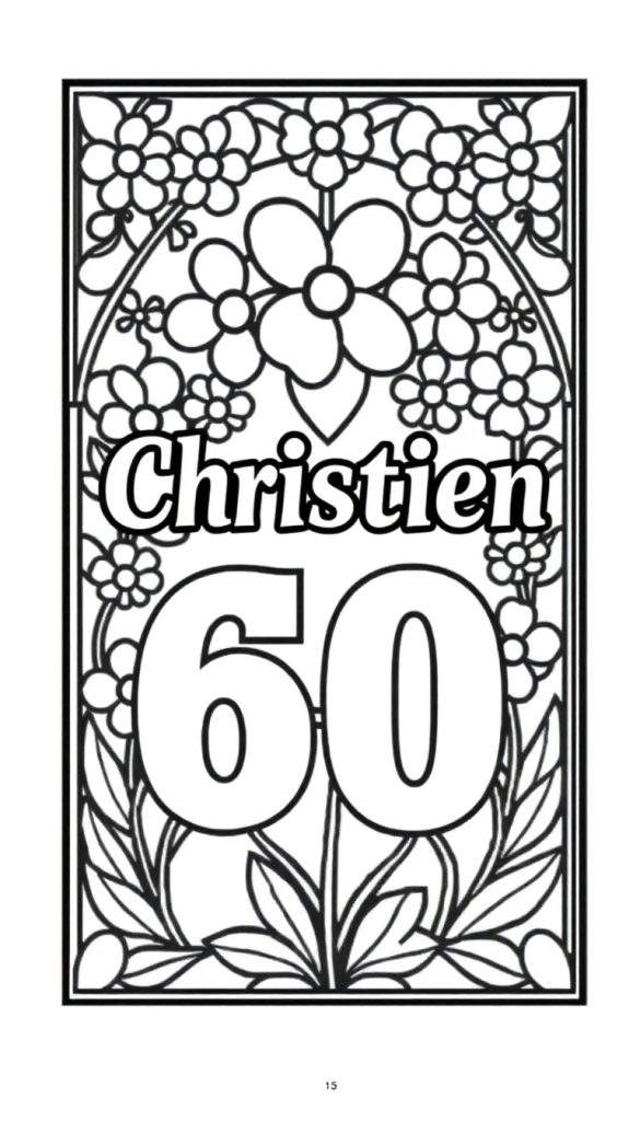 Kleurplaat van een bloemenkrans met de naam Christien en het getal 60 in glas-in-lood mozaïek stijl.