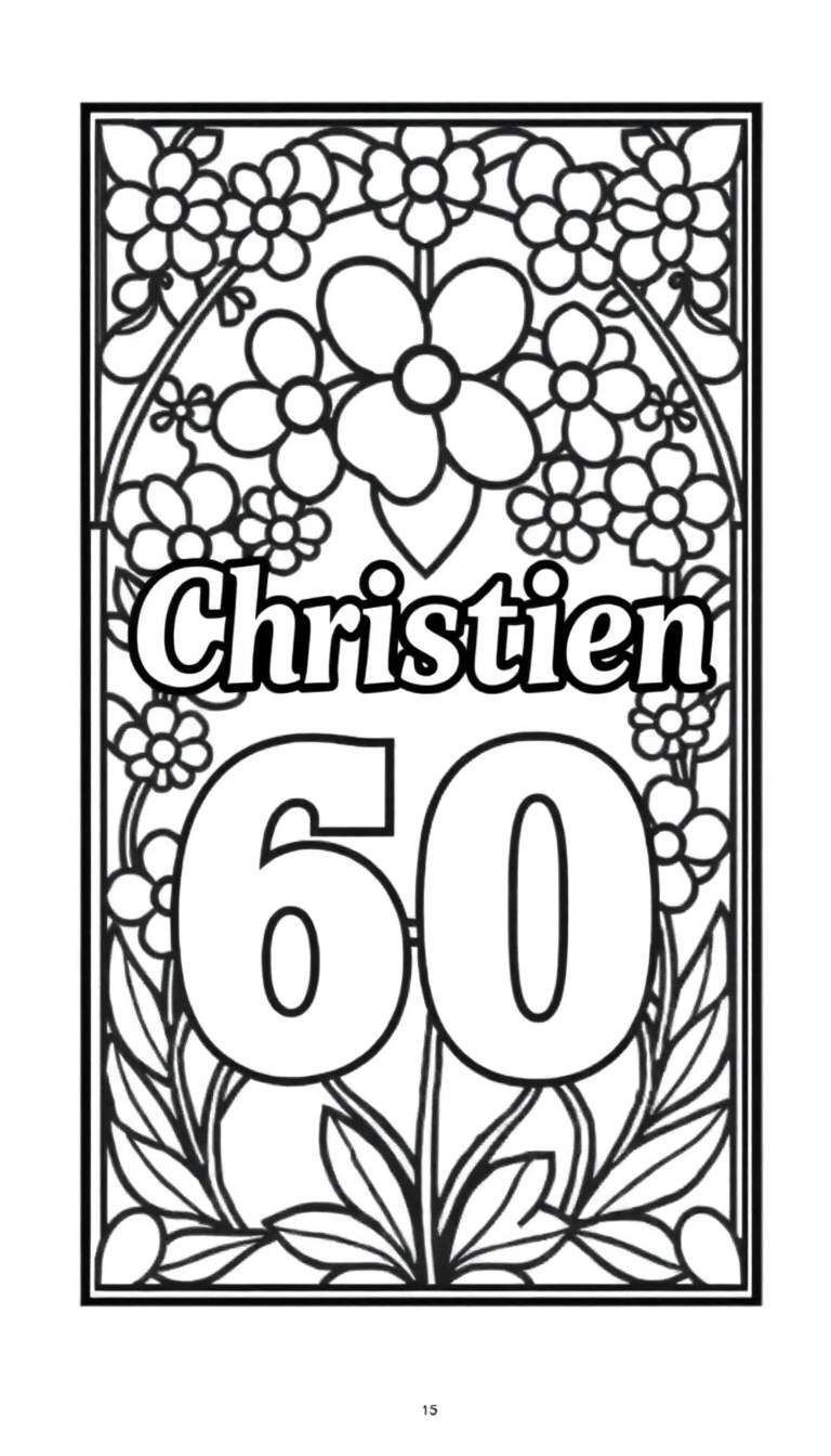 Kleurplaat van een bloemenkrans met de naam Christien en het getal 60 in glas-in-lood mozaïek stijl.