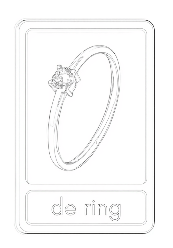 Lijntekening van een ring met een grote edelsteen aan de bovenzijde, vastgehouden door klauwtjes. Onder de ring staat de tekst 'de ring'. Het geheel is een leerkaart/kleurplaat.