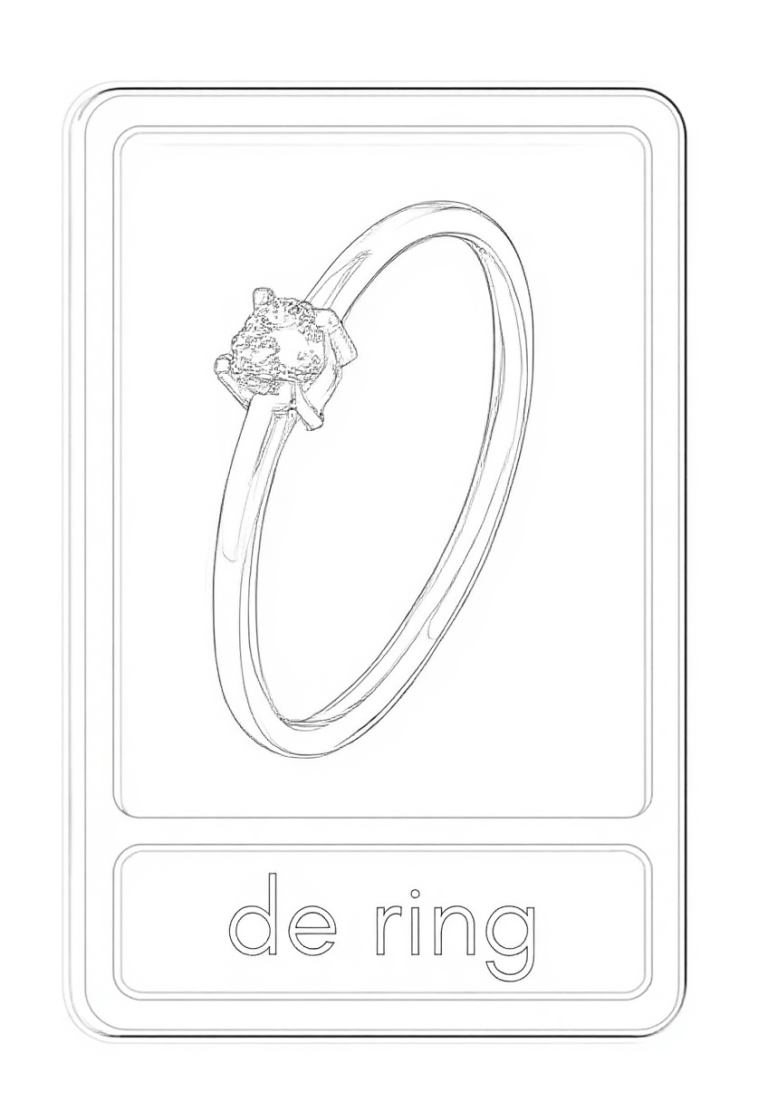 Lijntekening van een ring met een grote edelsteen aan de bovenzijde, vastgehouden door klauwtjes. Onder de ring staat de tekst 'de ring'. Het geheel is een leerkaart/kleurplaat.
