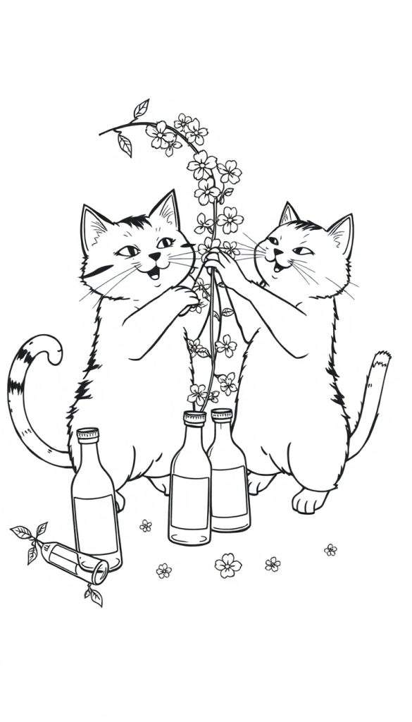 Zwart-wit tekening van twee katten, Dis en Das, die een vlierbloesemtak vasthouden, met limonadeflessen en bloemen.