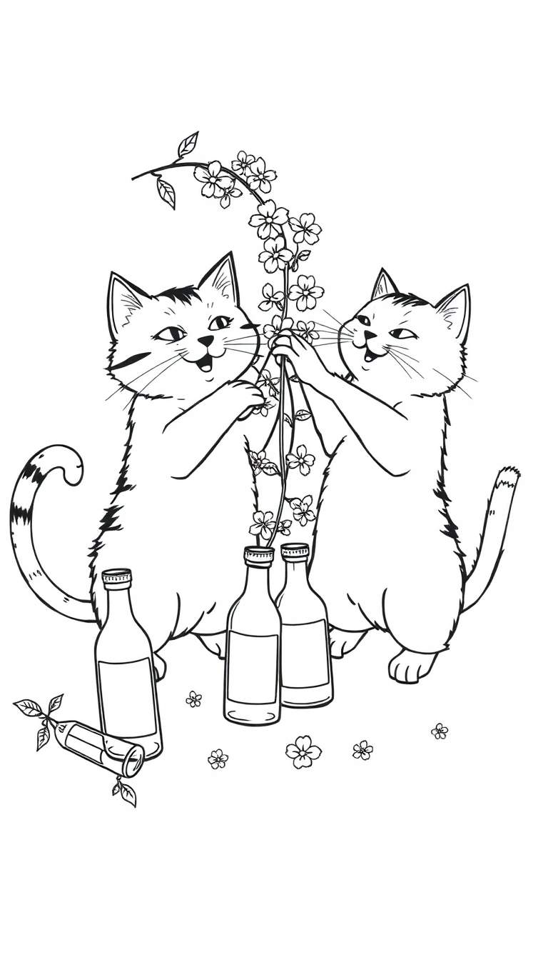 Zwart-wit tekening van twee katten, Dis en Das, die een vlierbloesemtak vasthouden, met limonadeflessen en bloemen.