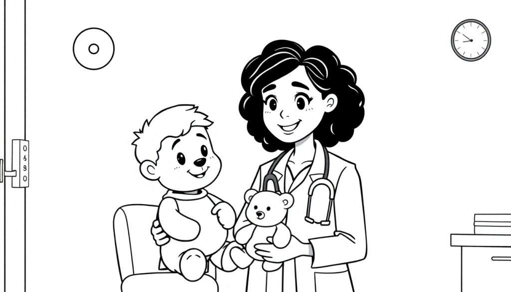 Kleurplaat van een vrouwelijke dokter die een kind met knuffels troost.