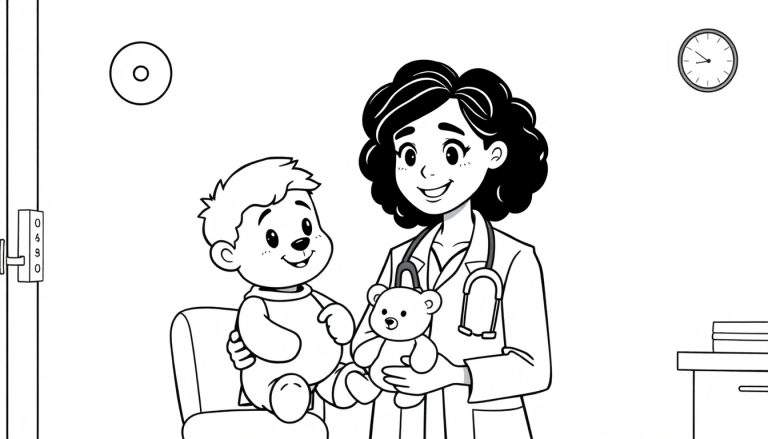 Kleurplaat van een vrouwelijke dokter die een kind met knuffels troost.