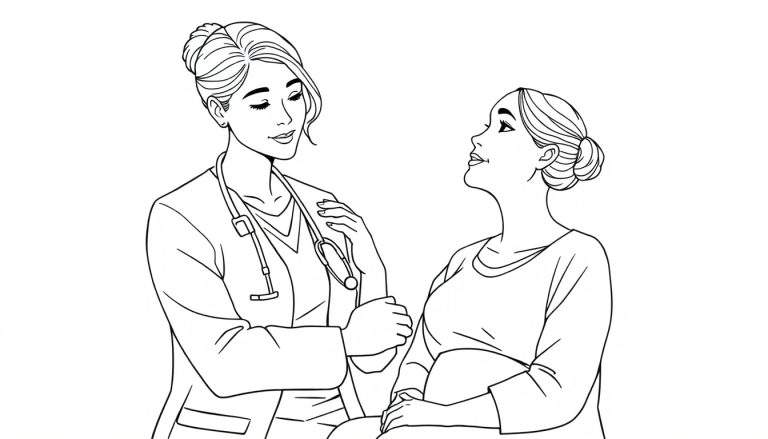 Lijnttekening van een vrouwelijke arts met een stethoscoop om haar nek die de arm van een zwangere vrouw aanraakt.