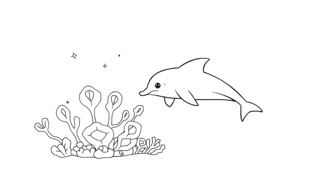 Kleurplaat van een gestileerde dolfijn die zwemt bij koraal en sterretjes