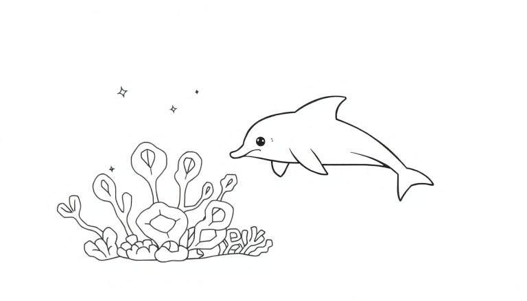 Kleurplaat van een gestileerde dolfijn die zwemt bij koraal en sterretjes