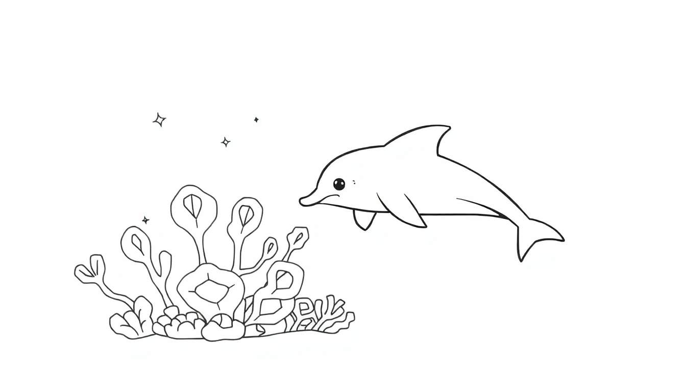 Kleurplaat van een gestileerde dolfijn die zwemt bij koraal en sterretjes