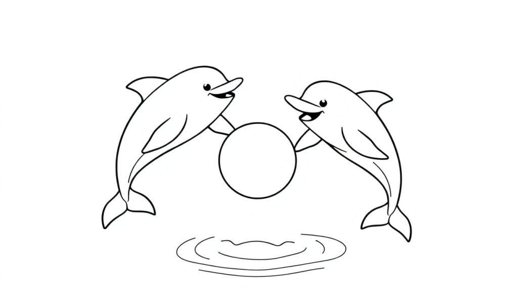Kleurplaat van twee dolfijnen die een bal boven het water uitduwen op een zonnige dag.
