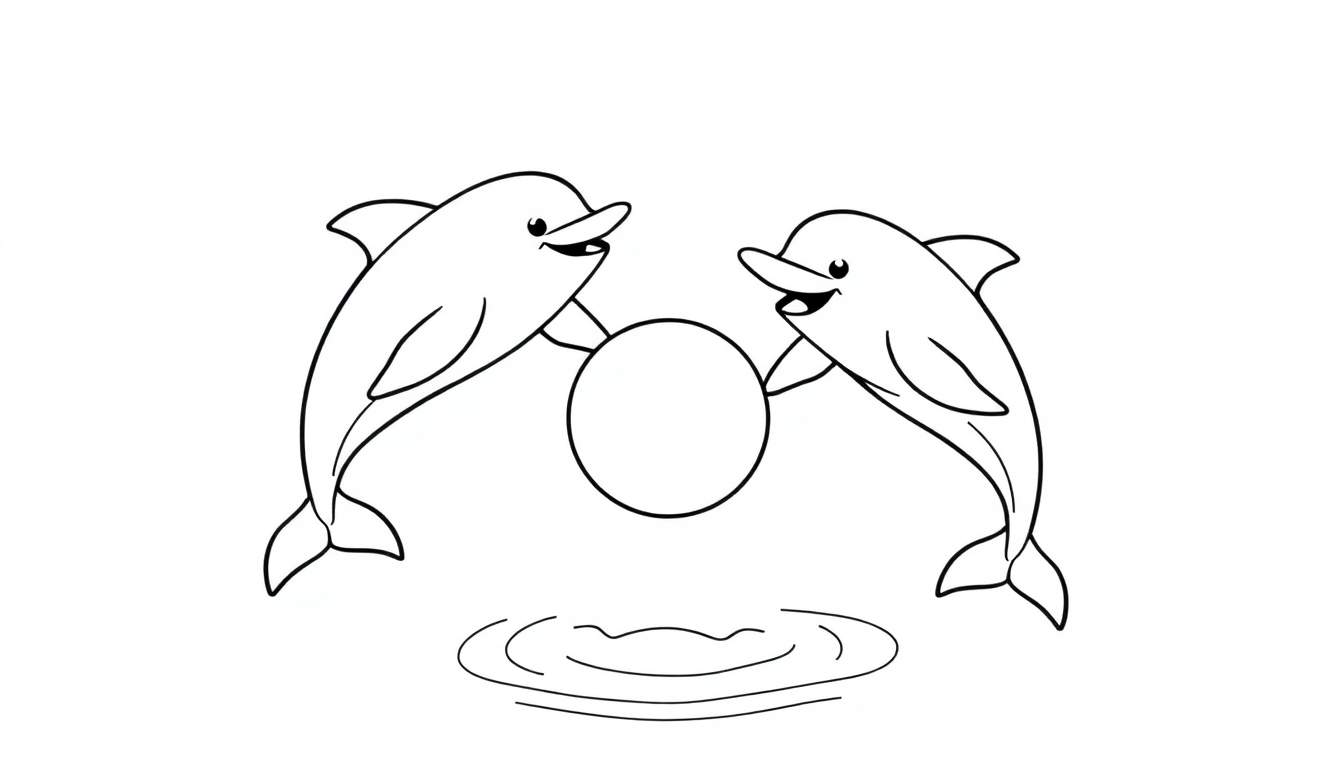 Kleurplaat van twee dolfijnen die een bal boven het water uitduwen op een zonnige dag.