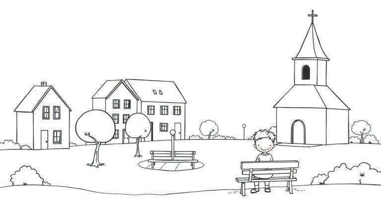 Kleurplaat van een dorp met huizen, een kerk met toren, bomen, struiken en een jongen op een bankje.