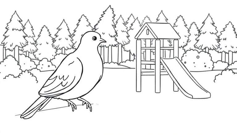 Kleurplaat van een duif in een park bij een glijbaan met bos op de achtergrond.