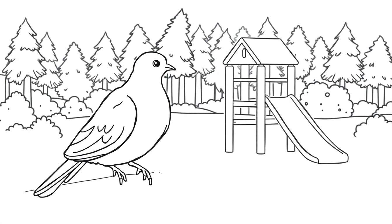 Kleurplaat van een duif in een park bij een glijbaan met bos op de achtergrond.