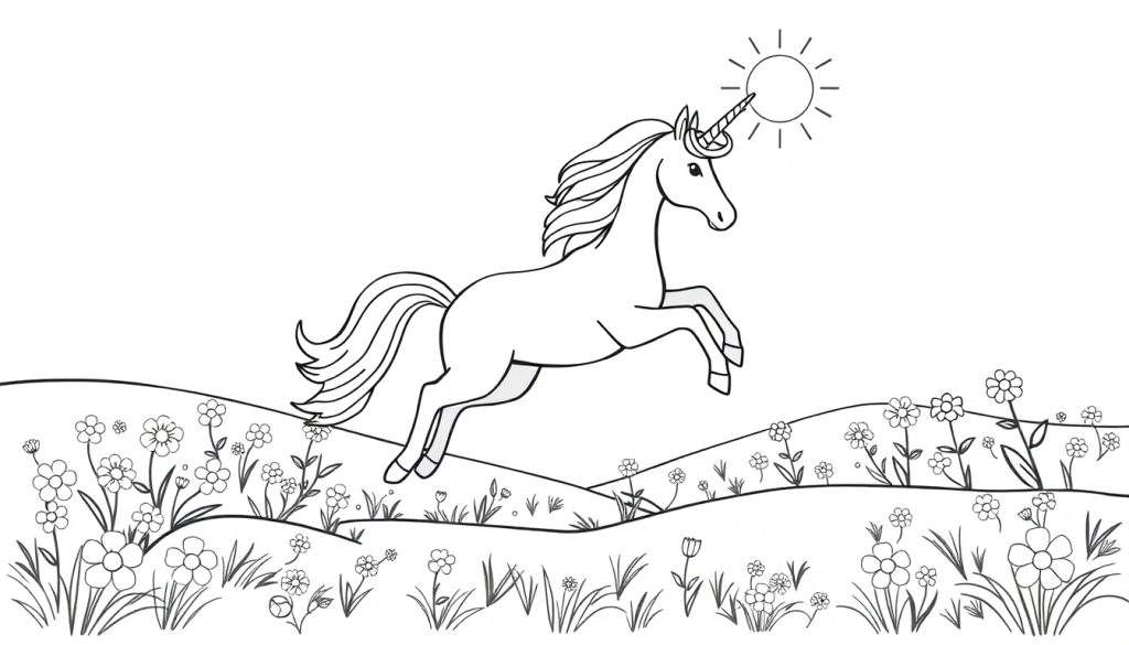 Kleurplaat van een springende eenhoorn met een regenboogkleurige manen en staart, vliegend boven een kleurrijke bloemenweide onder een zonnige hemel.
