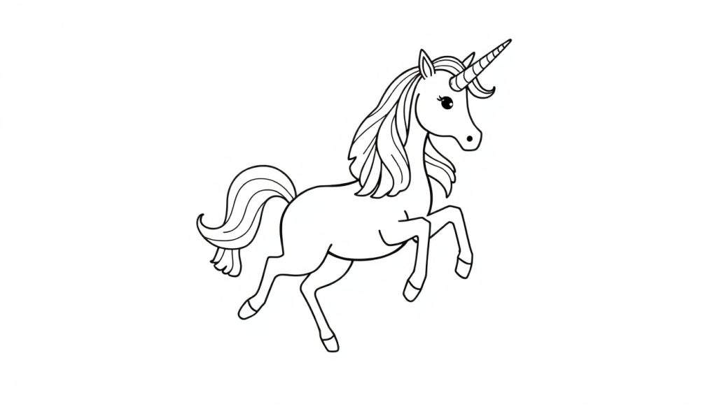 Zwart-wit kleurplaat van een eenhoorn die een split doet in de lucht, met lange manen en staart, en een puntige hoorn.