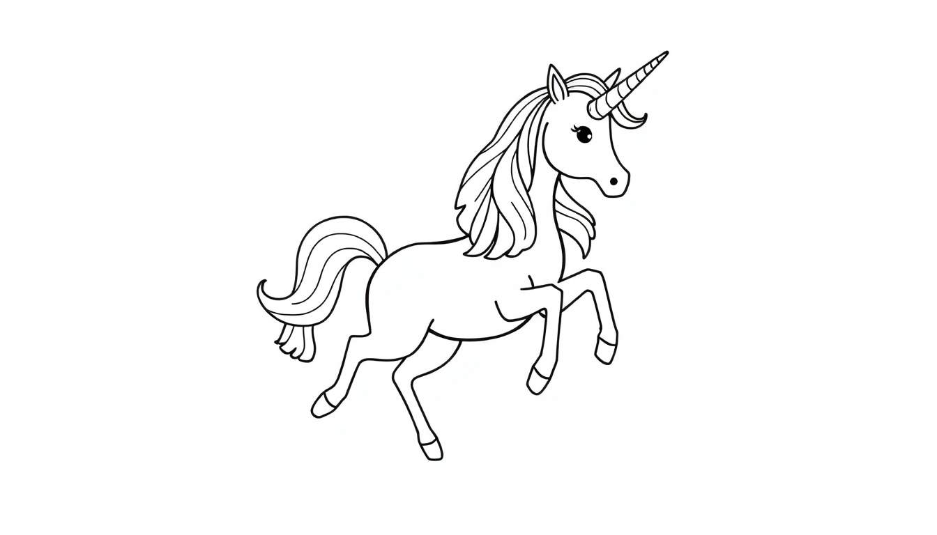Zwart-wit kleurplaat van een eenhoorn die een split doet in de lucht, met lange manen en staart, en een puntige hoorn.
