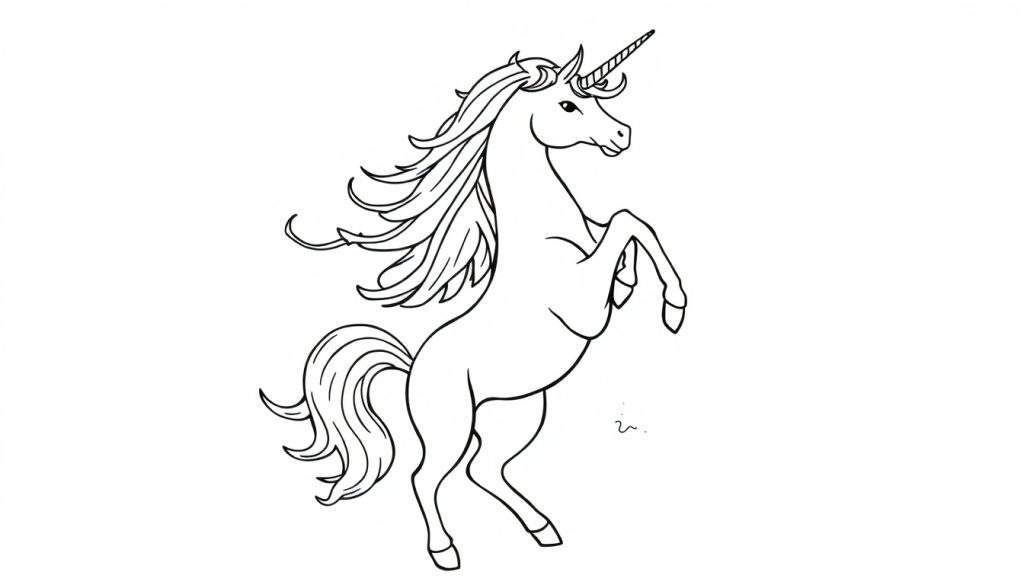 Zwart-wit tekening van een eenhoorn die steigert op zijn achterpoten, met lange manen en staart, en een hoorn.