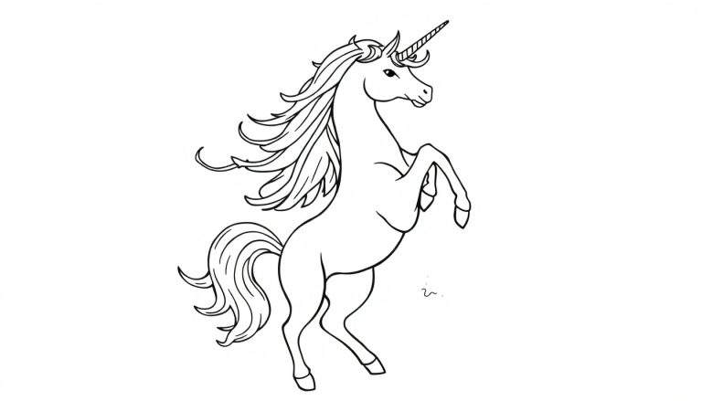 Zwart-wit tekening van een eenhoorn die steigert op zijn achterpoten, met lange manen en staart, en een hoorn.