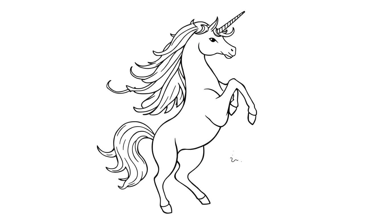 Zwart-wit tekening van een eenhoorn die steigert op zijn achterpoten, met lange manen en staart, en een hoorn.