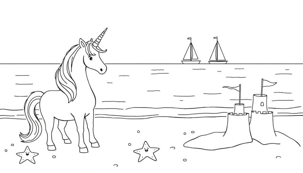 Eenhoorn op een zonnig strand met een zandkasteel, sterren en schepen op zee.