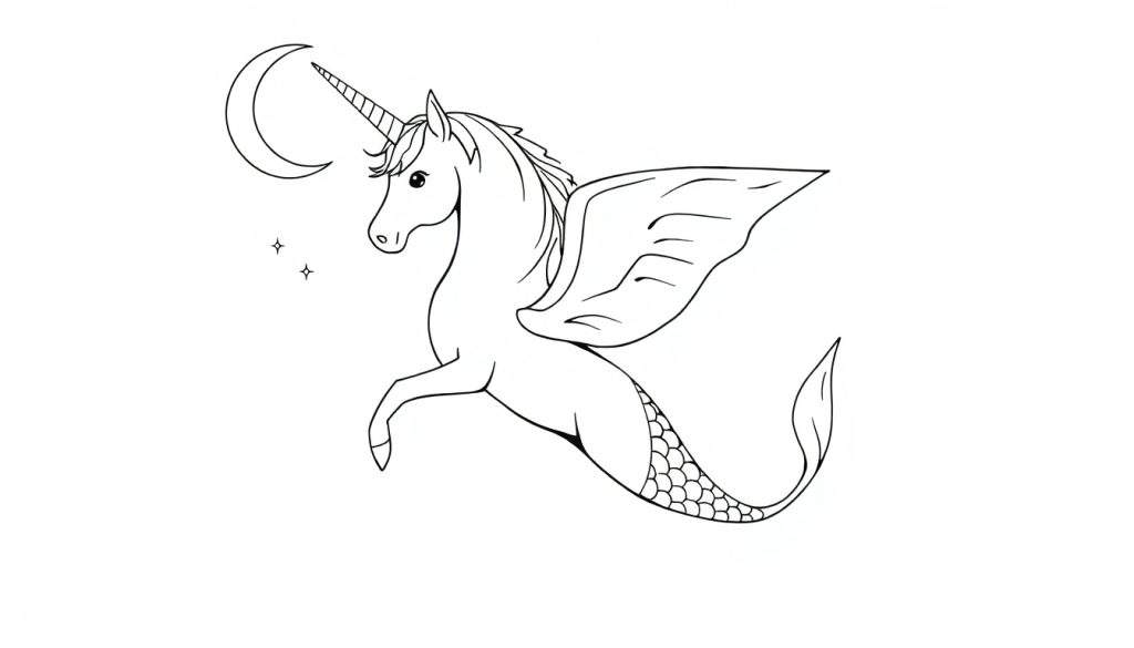 Kleurplaat van een wezen met een paardenlichaam, eenhoornhoorn, visstaart, vleugels, zwevende halve maan en sterren.