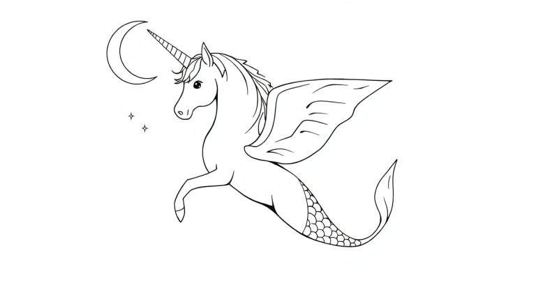 Kleurplaat van een wezen met een paardenlichaam, eenhoornhoorn, visstaart, vleugels, zwevende halve maan en sterren.