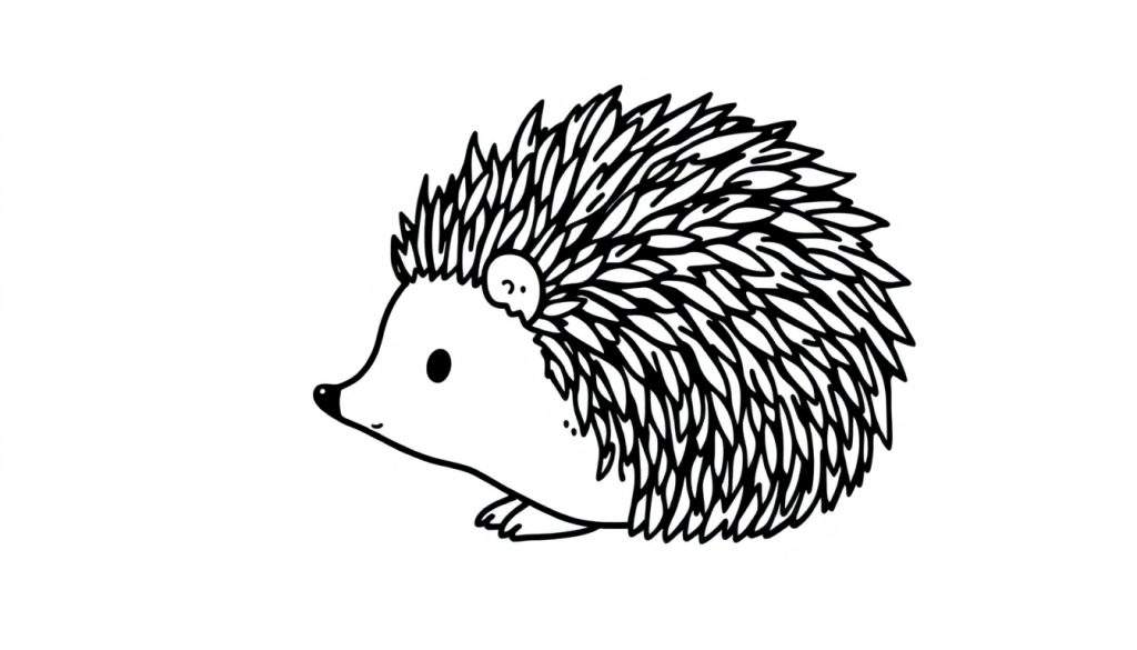 Zwart-wit kleurplaat van een egel met gedetailleerde stekels, kijkend naar links.