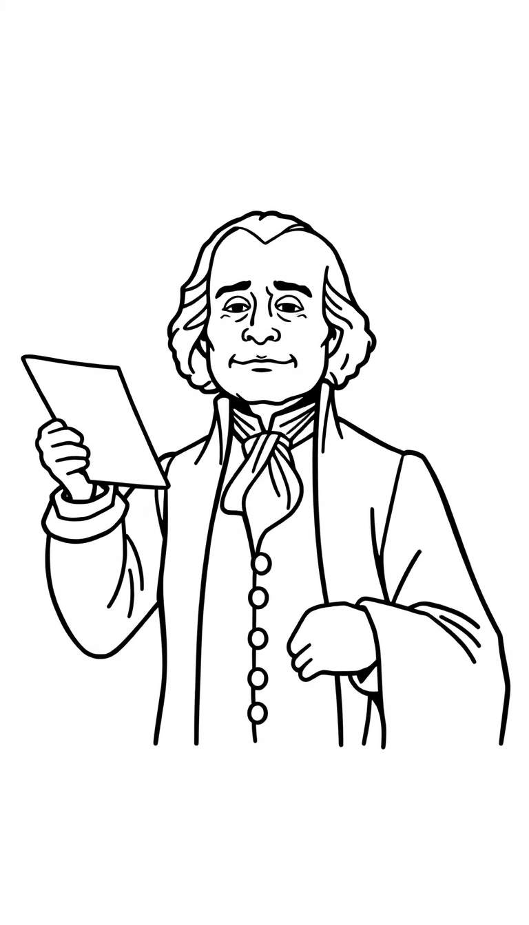 Kleurplaat van een man in historische kledij, lijkend op een founding father, met een document in zijn hand en een glimlach op zijn gezicht.