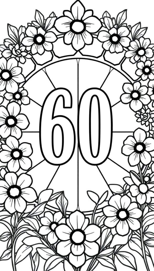 Kleurplaat van het getal 60 omringd door madeliefjes en bladeren in een cirkel, met een decoratief ornament aan de buitenkant, in de stijl van glas-in-lood.