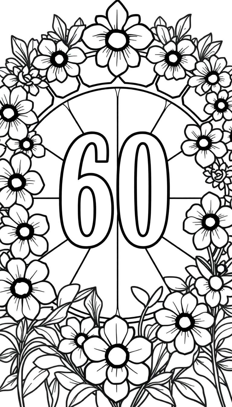 Kleurplaat van het getal 60 omringd door madeliefjes en bladeren in een cirkel, met een decoratief ornament aan de buitenkant, in de stijl van glas-in-lood.