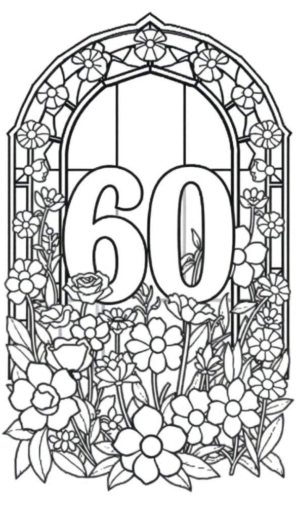 Kleurplaat van het getal 60 in een glas-in-lood stijl met bloemen en bladeren.