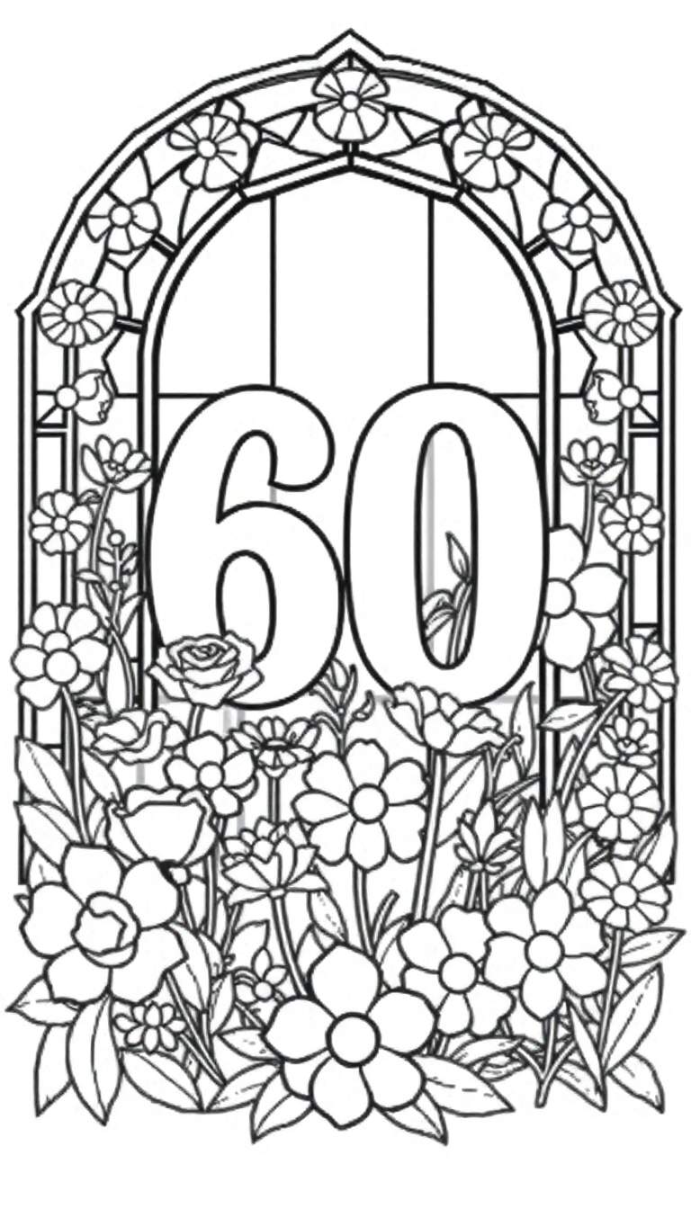 Kleurplaat van het getal 60 in een glas-in-lood stijl met bloemen en bladeren.