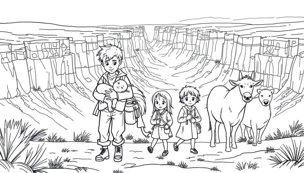 Kleurplaat met een groep kinderen, een baby, een hond en een koe die door de Grand Canyon reizen, met versleten kleding en op de achtergrond steile rotswanden.