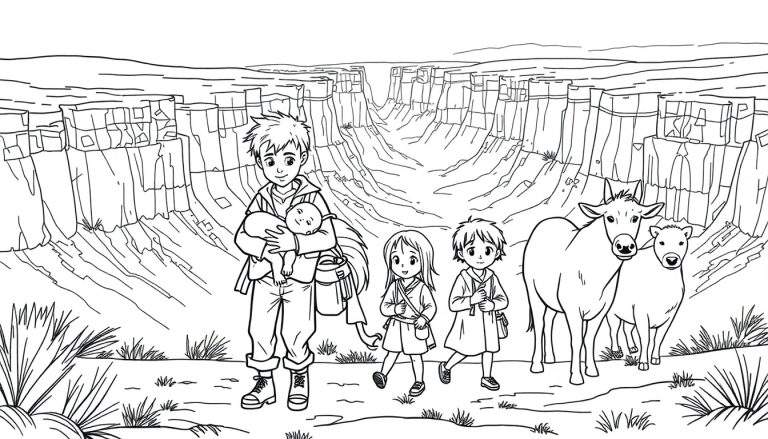 Kleurplaat met een groep kinderen, een baby, een hond en een koe die door de Grand Canyon reizen, met versleten kleding en op de achtergrond steile rotswanden.