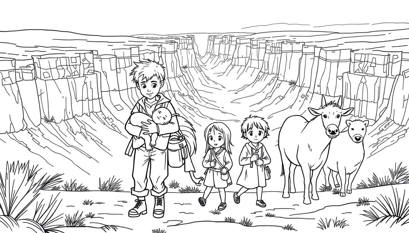 Kleurplaat met een groep kinderen, een baby, een hond en een koe die door de Grand Canyon reizen, met versleten kleding en op de achtergrond steile rotswanden.