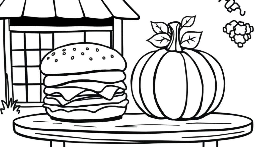 Kleurplaat van een hamburger en een pompoen op een terrasje met een kraampje op de achtergrond.