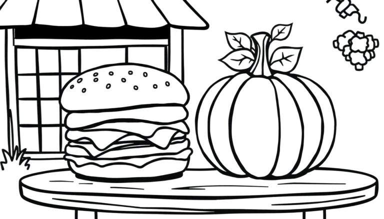 Kleurplaat van een hamburger en een pompoen op een terrasje met een kraampje op de achtergrond.