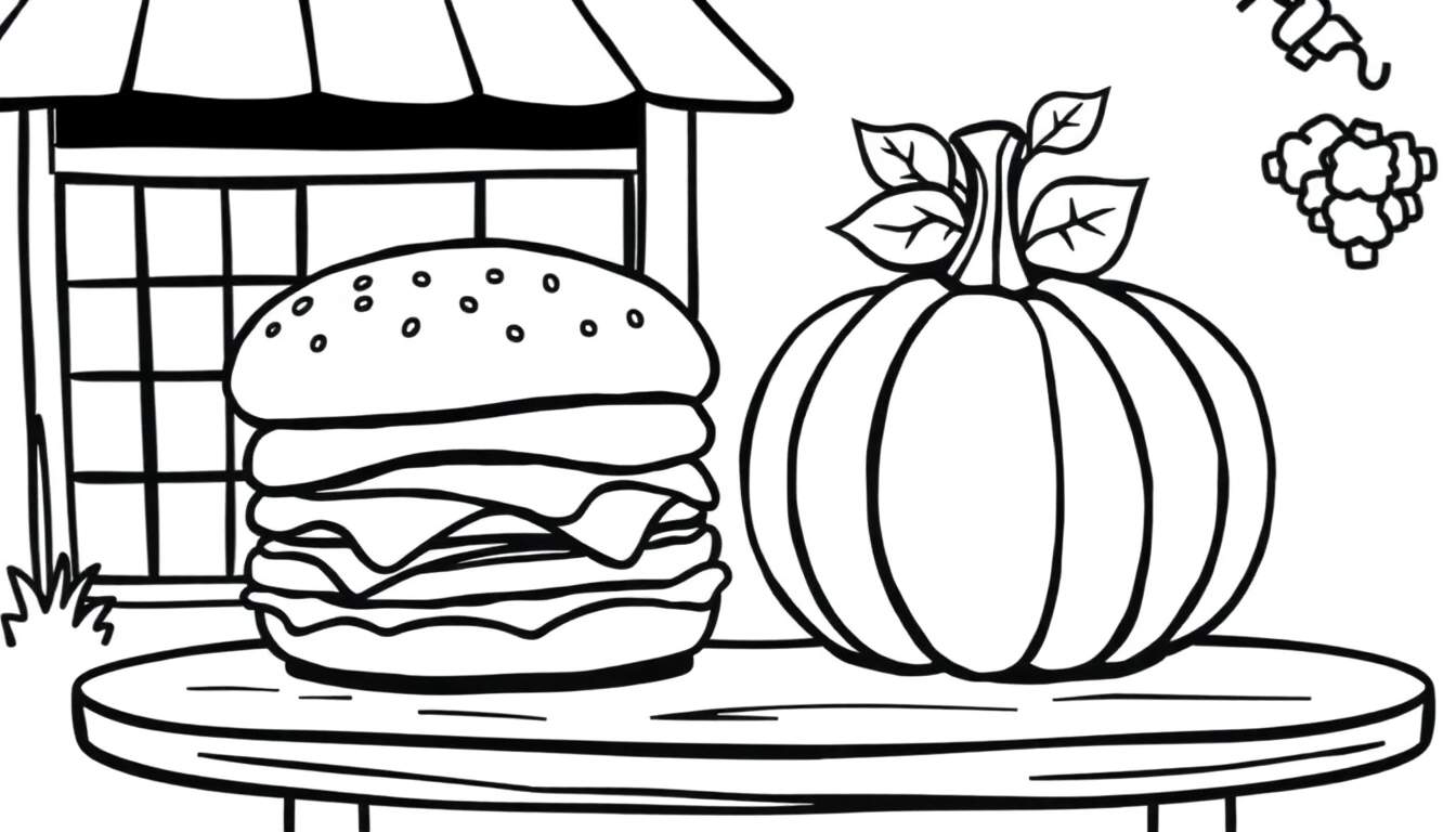 Kleurplaat van een hamburger en een pompoen op een terrasje met een kraampje op de achtergrond.