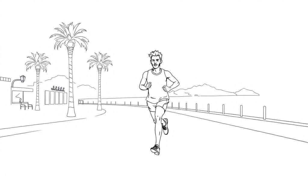 Kleurplaat van een hardloper in een tropische omgeving, met palmbomen en een marathonoontje.