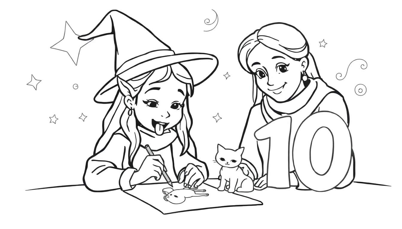 Kleurplaat van een heksje dat een kat tekent en deze tot leven tovert, met een lachend ander meisje en het cijfer 10.